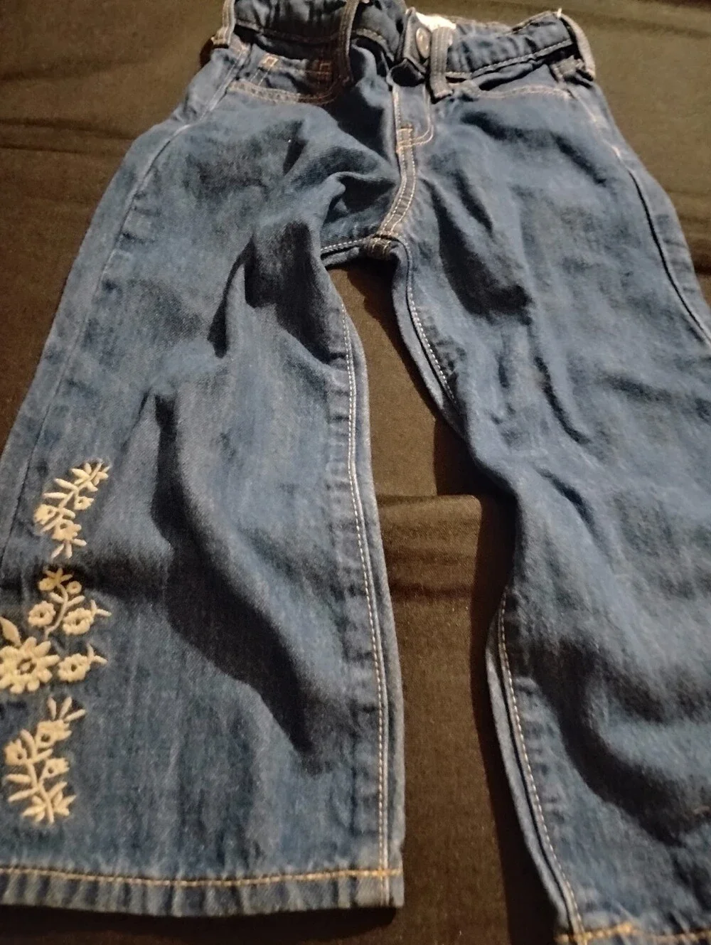 Girls' Dark Blue Embroidered Wide-Leg Jeans